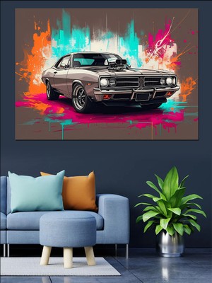 Neon Işıklı Klasik Araba Dekoratif Kanvas - Mdf Ahşap Tablo