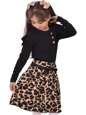 Omuzları Fırfırlı Siyah Leopar Desenli Etekli Takım (3-7 Yaş)