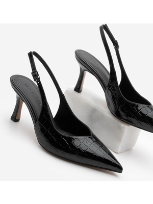 Marjin Kadın Stiletto Sivri Burun Croco Arkası Açık Atkılı Topuklu Ayakkabı Andis