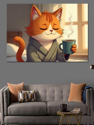 Kahve Içen Kedi Figürü Dekoratif Kanvas - Mdf Ahşap Tablo