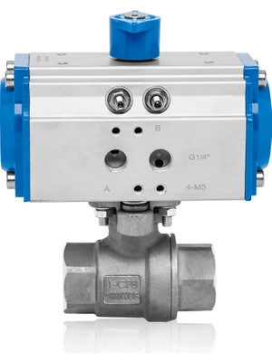 Unox DN15-1/2" Çift Etkili Pnömatik Aktüatörlü Paslanmaz 2 Parçalı Dişli Küresel Vana