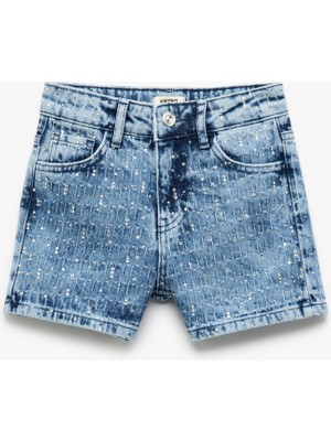 Koton Kız Çocuk Pamuklu Cepli Taş Detaylı Denim Şort Desenli Rahat Fit Yazlık