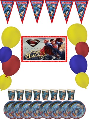 snowparty Superman Süperman  Bayraklı ve Afişli 8 Kişilik Doğum Günü Parti Malzemeleri Süsleri Seti
