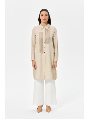 File Kombin Detaylı Düğmeli Tunik  Bej