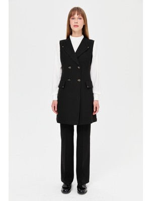 Kruvaze Kapamalı Rivet Detaylı Pantolonlu Takım  Siyah