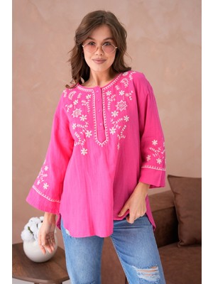 Yuvarlak Yaka Nakış Işleme Taş Detaylı Geniş Kol Salaş Dokuma Tunik