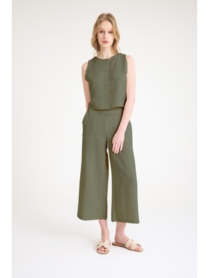 Keten Yazlık Yüksel Bel Capri Pantolon Sırt Detaylı Kolsuz Haki Ikili Takım