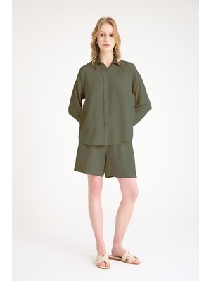 Keten Yazlık Uzun Kol Gömlek Şort Haki Ikili Takım