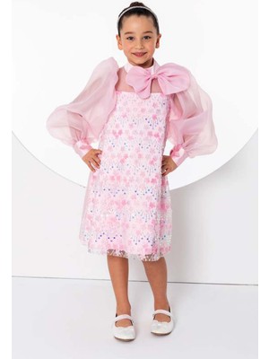 Kız Çocuk Üzeri Çiçek Pulpayet Işlemeli Omuzda Fiyonk Detaylı Şeffaf Tül Balon Kollu Pembe Elbise