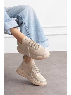 Shoetek Polivya Kadın Sneakers Taşlı Bağcıklı Triko Dokumalı Spor Ayakkabı Bej Deri