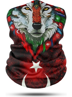 Türk Bayrağı ve Kurt Desenli Dikişsiz Dijital Baskı Baf Buff Bandana Boyunluk