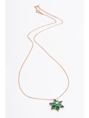 Jewelmim Yeşil Renkli Taşlı Lotus Çiçeği Gümüş Kolye 18 Ayar Rose Altın Kaplama Lotus Çiçeği Kolyesi 925 Ayar Gümüş Kadın Kolye | Bayan Zirkon Taşlı Lotus Kamelya Çiçeği Rose Gold Kadın Gümüş Kolye