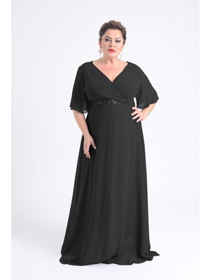 Lilas Xxl Kadın Büyük Beden Uzun Şifon Abiye Elbise 9510 Siyah