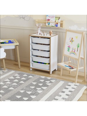 Pofitto 5 Sepetli Çok Amaçlı Oyuncak Dolabı MDF Beyaz Renk 30 cm Derinlik 40 cm Genişlik 78 cm Yükseklik