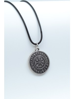 Bu Farklı Viking Pusulası Vegvisir Deri ip Kolye - Gümüş Kaplama - Kadın Erkek Kolye - No:791