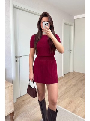 Kısa Kollu Bluz Mini Etekli Ikili Takım Triko - Bordo