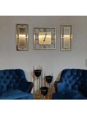 TeknoTrust Şık Aynalı Pleksi Duvar Saati Seti, modern ve zarif tasarım, kolay montaj, 35x35, altın renk