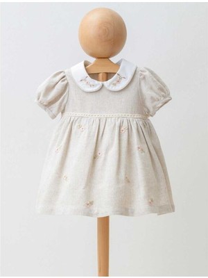 4287MY Kız Bebek Nakışlıi Keten Elbise