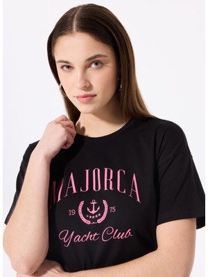 Fabrika Bisiklet Yaka Baskılı Siyah Kadın T-Shirt F5SL-TST0459