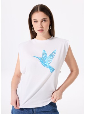 Fabrika Bisiklet Yaka Baskılı Kırık Beyaz Kadın T-Shirt F5SL-TST0372
