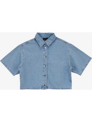 Fabrika Crop Gömlek Yaka Taşlı Açık Indigo Kadın Denim Gömlek F5SL-GML0167