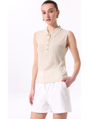 Fabrika Polo Yaka Düz Örgü Desenli Bej Kadın Bluz F5SL-BLZ0423