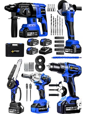 Sturdy Pro 21V  3 Akülü 5'li Set Kırıcı Delici Hilti Taşlama Somun Sıkma Akülü Vidalama Budama Testeresi Ustahobby Set