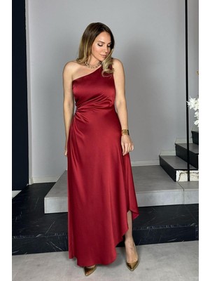 G1358 Tek Omuz Taş Detaylı Saten Abiye Elbise Bordo