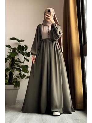 Ande Tesettür Düğmeli Garni Elbise-Haki/ Bej