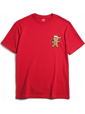 Kırmızı Tişört Kurabiye Adam Yılbaşı Merry Christmas Happy New Year 2025 Yeni Yıl Baskılı T-Shirt