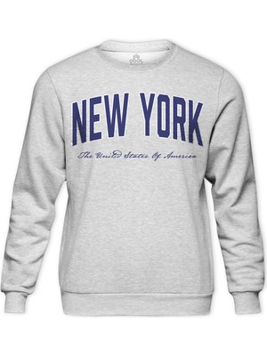 Gri Renk Bisiklet Yaka Sweatshirt New York Yazı Baskılı Sweet