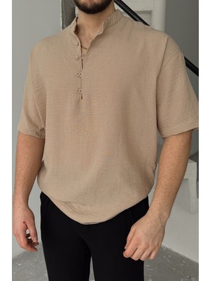 Livio Ferri Soro Erkek Oversize Keten Görünümlü Kısa Kol Hakim Yaka Yarım Pat Gömlek
