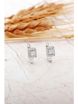 Sümer Telkari Baget Taşlı Rodyumlu Gümüş Çocuk Küpe 7291