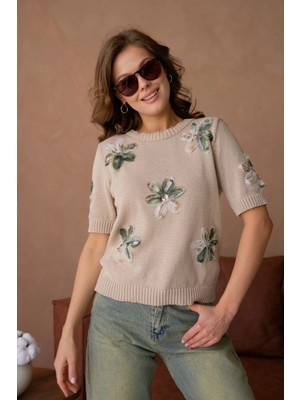 Bisiklet Yaka  Aplikeli Triko Kazak