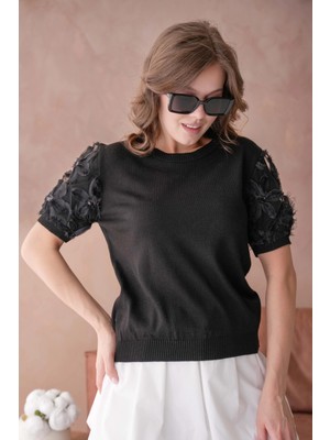 Bisiklet Yaka Kolu Tül Detaylı Triko Bluz