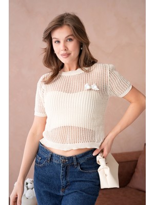 Bisiklet Yaka Aksesuarlı Ajurlu Triko Bluz