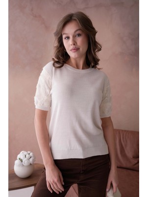 Bisiklet Yaka Kolu Tül Detaylı Triko Bluz