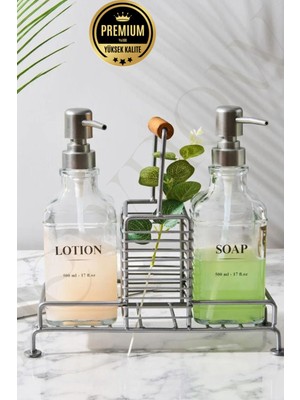 2 Li Kristal Cam Standlı Sıvı Sabunluk, Sıvı Detarjanlık, Etiketli Gri