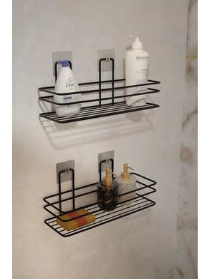 Siyah Yapışkanlı 2li Set Banyo Düzenleyici Şampuanlık Banyo Rafı Duş Rafı Organizer