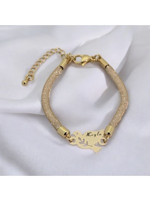 Archin Kuş Figürlü 14 Ayar Altın Plakalı Kadınlar İçin İsme Özel Bileklik-365İsim-SW