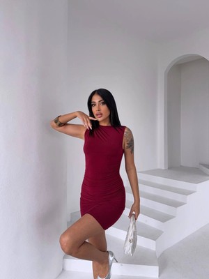 Kadın Bordo Beli Drapeli Sandy Kumaş Mini Elbise HZL25S-FRY122981