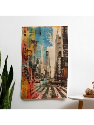 Andy Warhol  Şehir Manzarası Kolaj Duvar Örtüsü - Canlı Süblimasyon Baskı,  Pamuk Sırtlı,