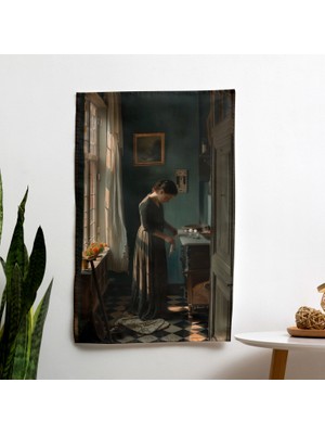 Johannes Vermeer Baskılı Modern  Duvar Örtüsü -  Pamuk Sırtlı, Canlı Renkler - Ev Dekoratif