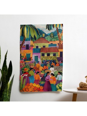 Frida Kahlo Tarzı  Duvar Örtüsü -  Pamuk Sırtlı, Canlı Renkler, Süblimasyon Baskı
