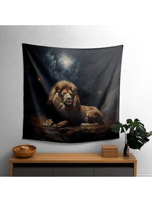 Yıldızlı Gece Aslan Duvar Örtüsü -  Pamuk Sırt, Polyester Ön - Canlı Renkler, Süblimasyon