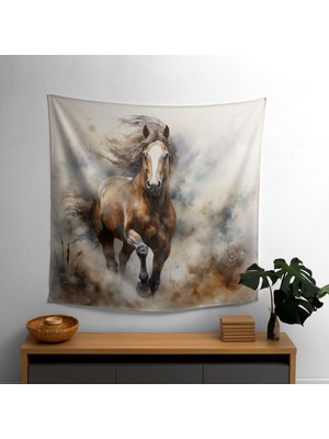 Misty Meadow Horse Duvar Örtü - Canlı Süblimasyon Baskı, Ranforce Kumaş, Modern Dekoratif