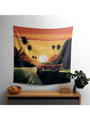 Retro Sunset Drive Duvar Örtüsü - Canlı Modern Sanat Dekoratif Kumaş Duvar Asılı
