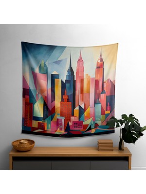 Geometrik Skyline Duvar Örtüsü -  Pamuk Sırt, Polyester Ön, Canlı Renkler - Modern Dekoratif
