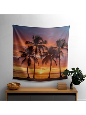 Tropikal Gün Batımı Palmiye Ağacı Duvar Örtüsü -  Pamuk Arka, Polyester Ön - Canlı Renkler,