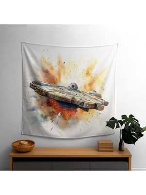 Suluboya Millennium Falcon Kumaş Duvar Örtüsü - Canlı Renkler, Yatak Odası, Oturma Odası ve